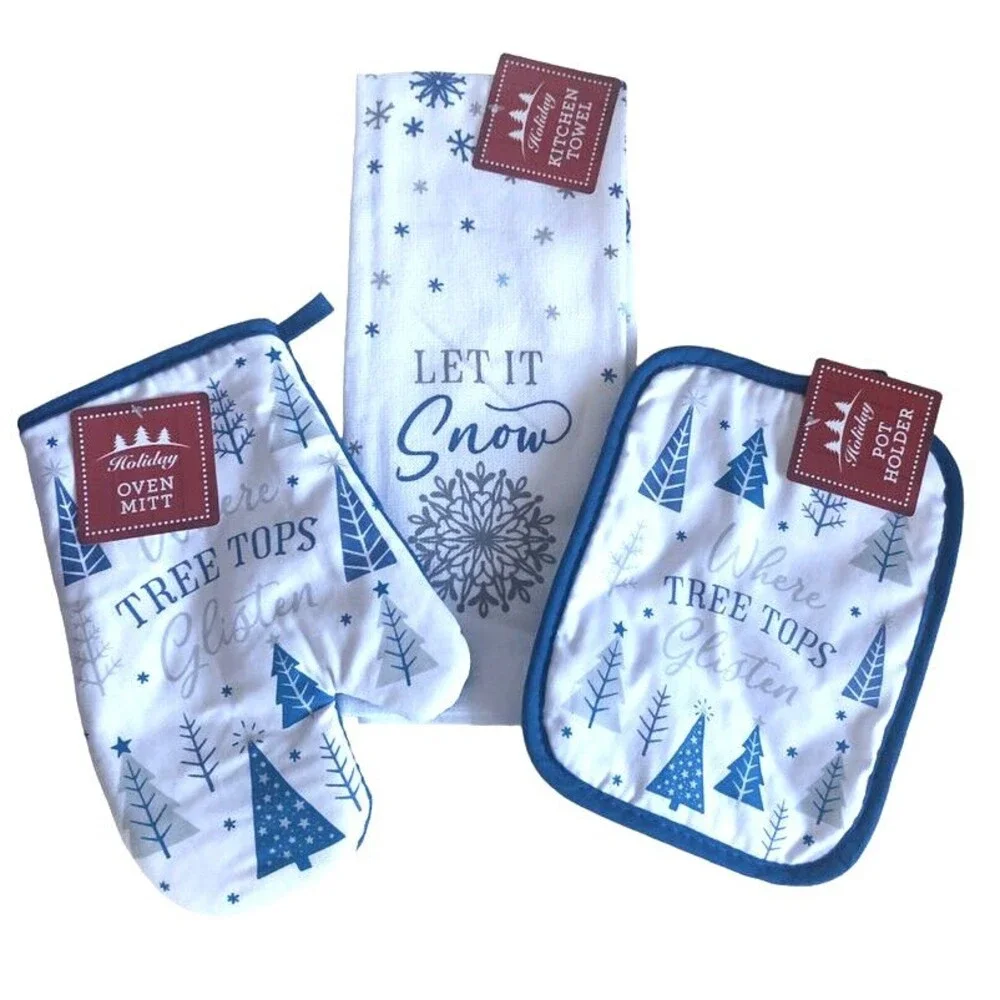 Christmas Tree Dish Kitchen Towel Potholder Oven Mitt Where Tree Tops Set of 3